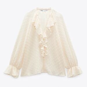 ZARA Ruffled Mesh Polka Dot Ivory and Silver Sparkly Preppy Blouse Victorian
